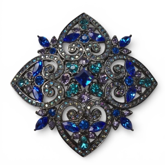 Vtg JOAN RIVERS Maltese Cross Brooch Rich Blues & AB Rhinestones Signed Thailand - Picture 3 of 14